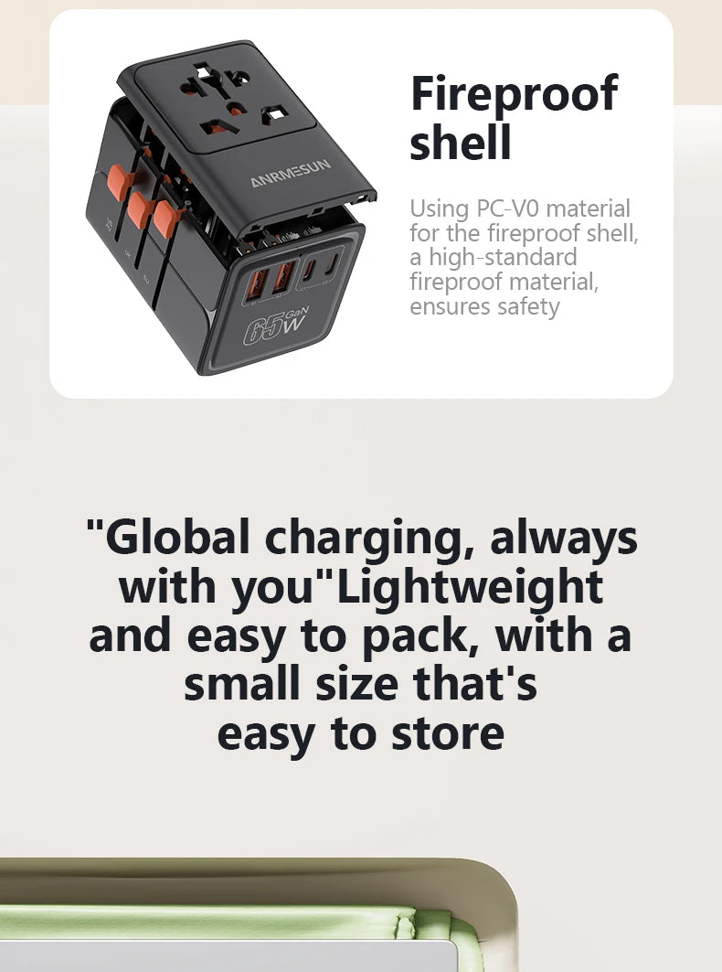 Universal Travel Adapter with 4 AC Outlets Max 2400W 2 USB Port 2 Type-C PD 65W Ports All-in-One Fast Charging EU UK US AUS Plug