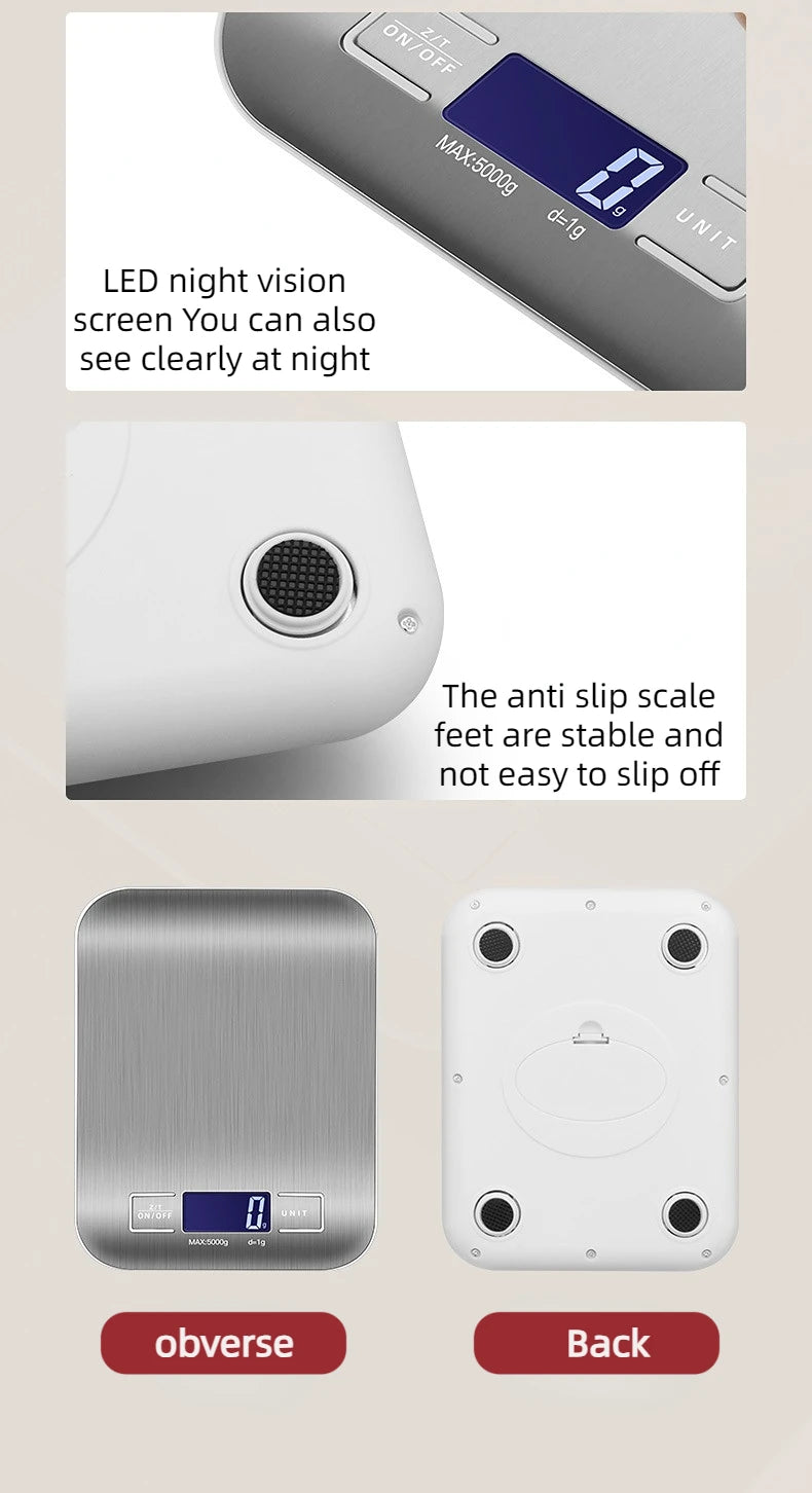 5kg/1g Multifunction Electric Digital Kitchen Food Scale LCD Display, High Precise Waterproff Measuring Scale Stainless Steel