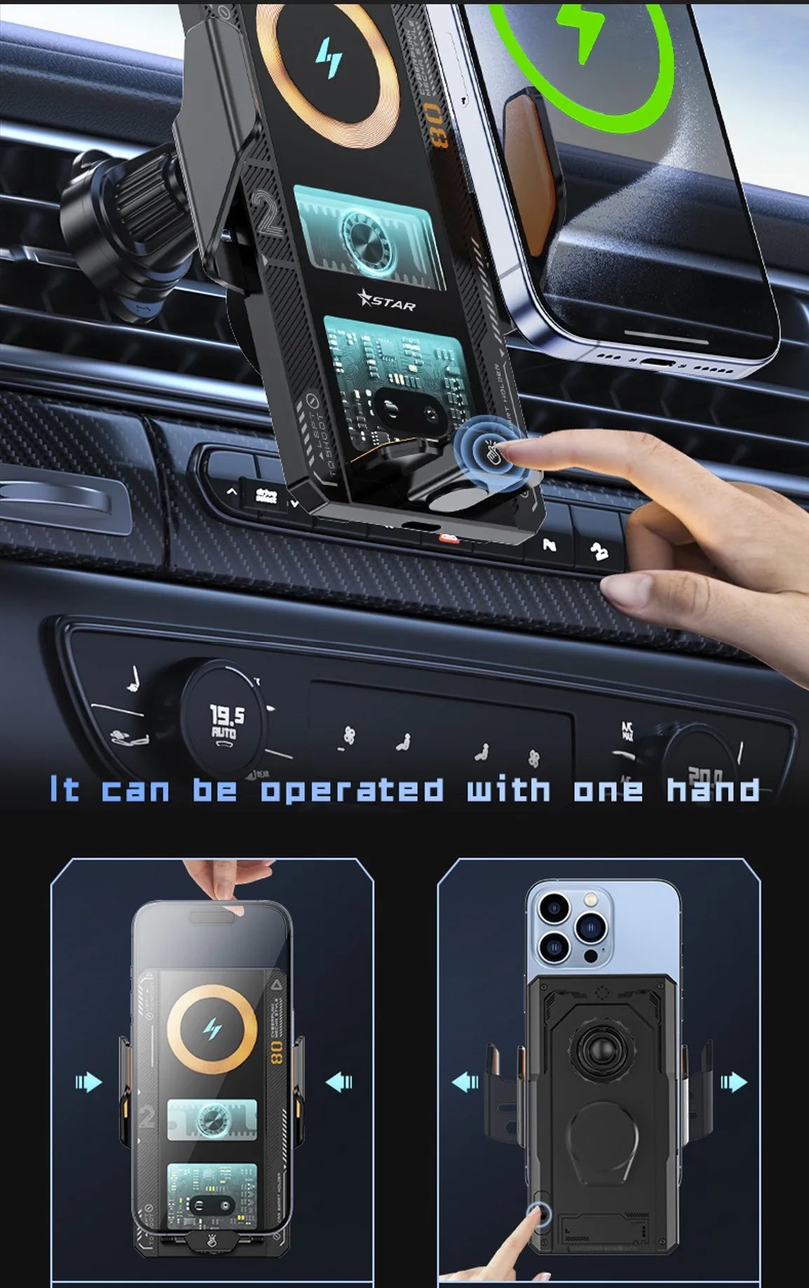 Car Smart Sensing Automatic Clamping Mounts For Samsung iPhone Xiaomi Phone Holder Wireless Charger Mounts 15W/66W Fast Charging