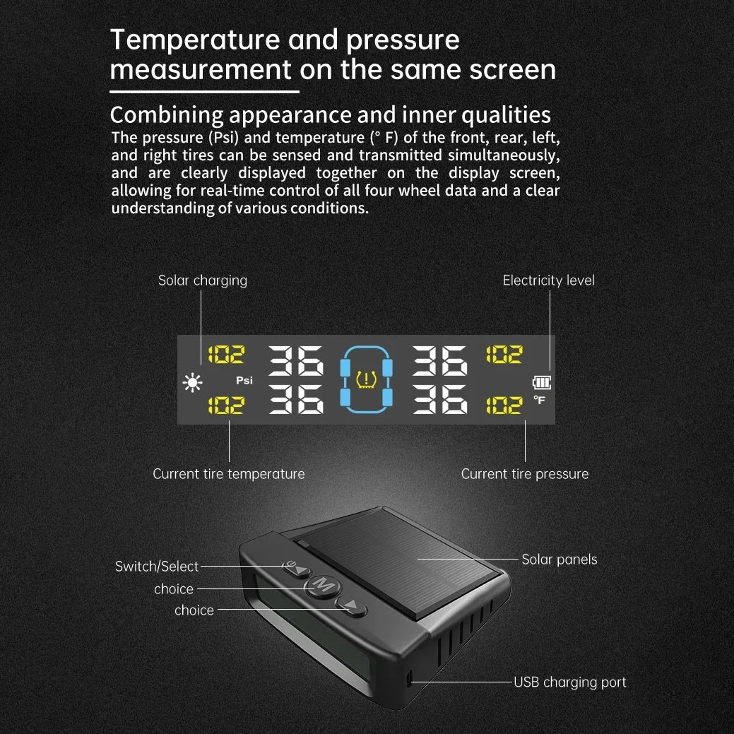 TPMS Tire Pressure Monitoring System Car Safety Alarm System Wireless Solar/USB Powered 4 Sensors with Color Digital Display