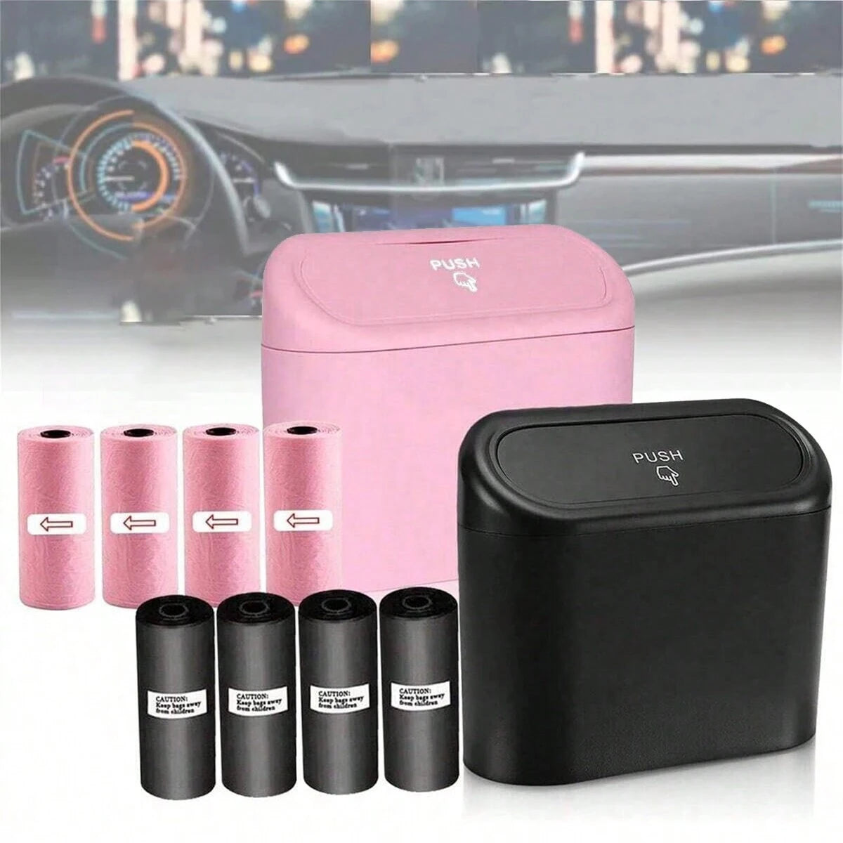 Car trash can with lid - 4 rolls of garbage bag, leak-proof, portable hanging trash can for vehicle organization