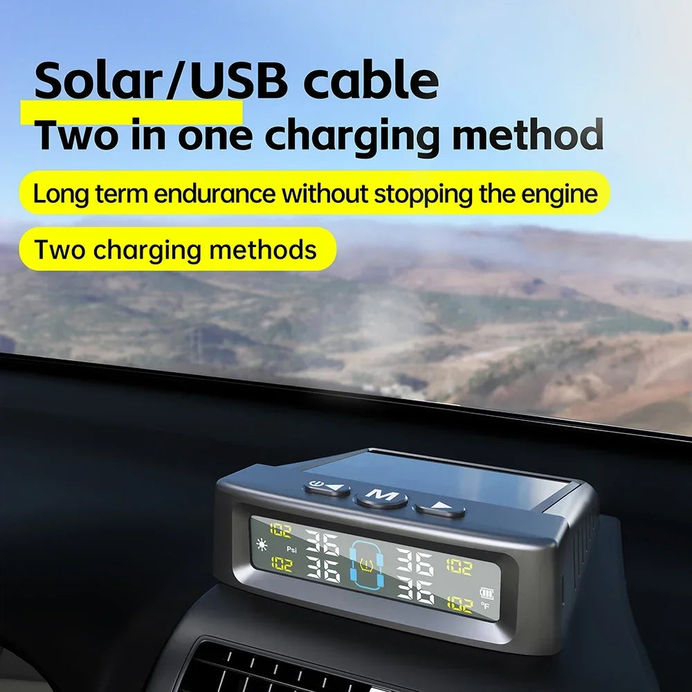 TPMS Tire Pressure Monitoring System Car Safety Alarm System Wireless Solar/USB Powered 4 Sensors with Color Digital Display