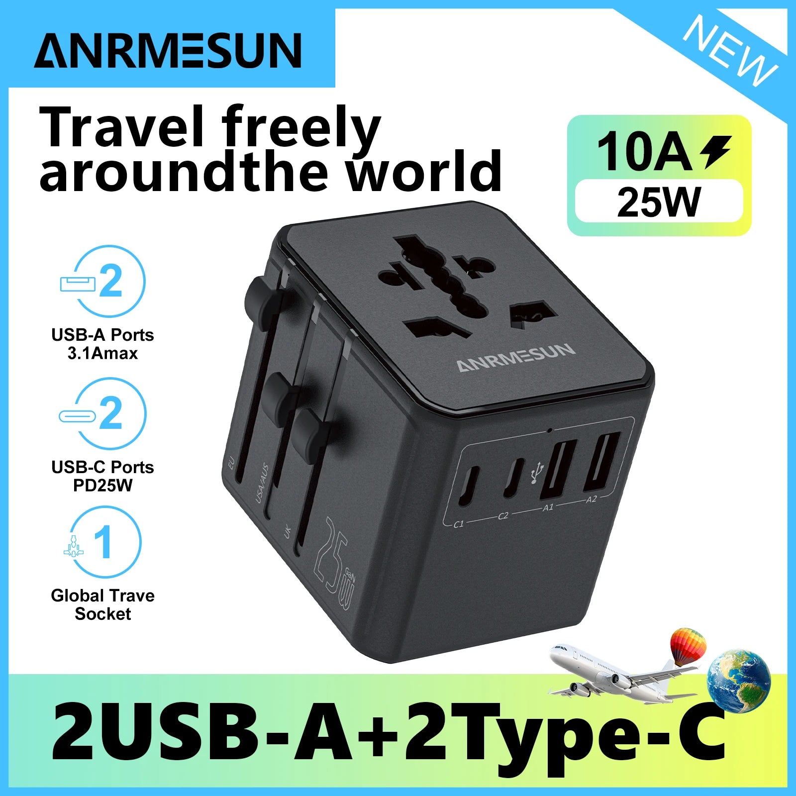 Universal Travel Adapter with 4 AC Outlets Max 2400W 2 USB Port 2 Type-C PD 65W Ports All-in-One Fast Charging EU UK US AUS Plug