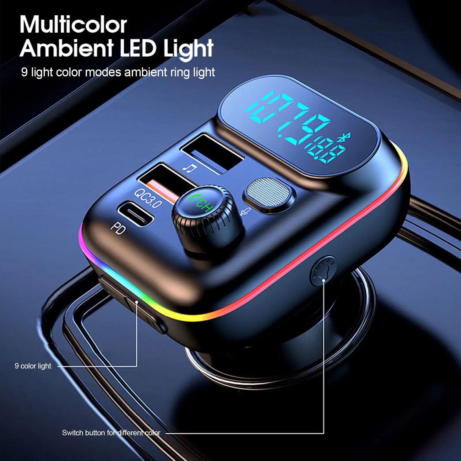 Car PD 18W QC3.0 Fast Charge Bluetooth 5.0 FM Transmitter Dual Player Music Type-C Colorful Ambient MP3 Light Cigarette Lighter