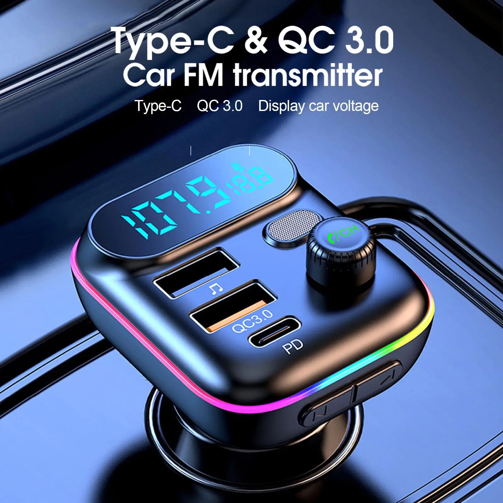 Car PD 18W QC3.0 Fast Charge Bluetooth 5.0 FM Transmitter Dual Player Music Type-C Colorful Ambient MP3 Light Cigarette Lighter