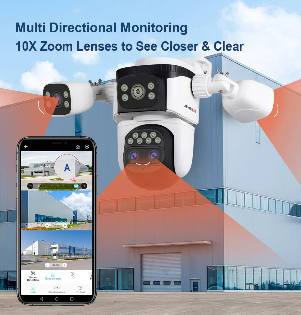 LS VISION 20MP Three Screens WiFi Security Camera Outdoor 10X Optical Zoom Four Lens Human Auto Tracking Waterproof CCTV Cameras