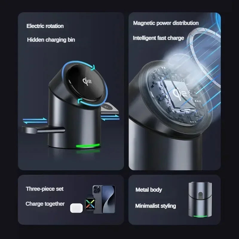 New Truly Qi2 3 In 1 Magnetic Touch Button Wireless Charger For Android iPhone iWatch Airpods Magsafe Fast Charging Dock Station