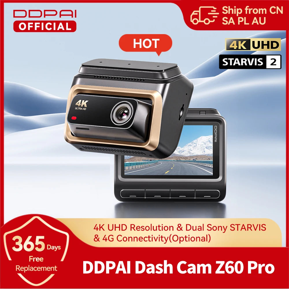 DDPAI 4K Dash Cam Z60 Pro Support Rear and Interior Car Camera SONY STARVIS2 Sensor 24h Parking 5GHz Wi-Fi ADAS GPS 4G Car DVR