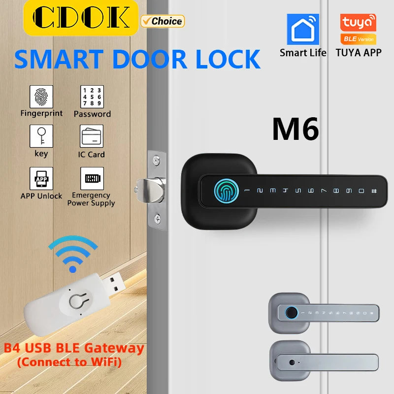 CDOK 2025 New M6 Tuya Bluetooth smart lock, door lock, fingerprint lock, password lock, multiple unlocking methods