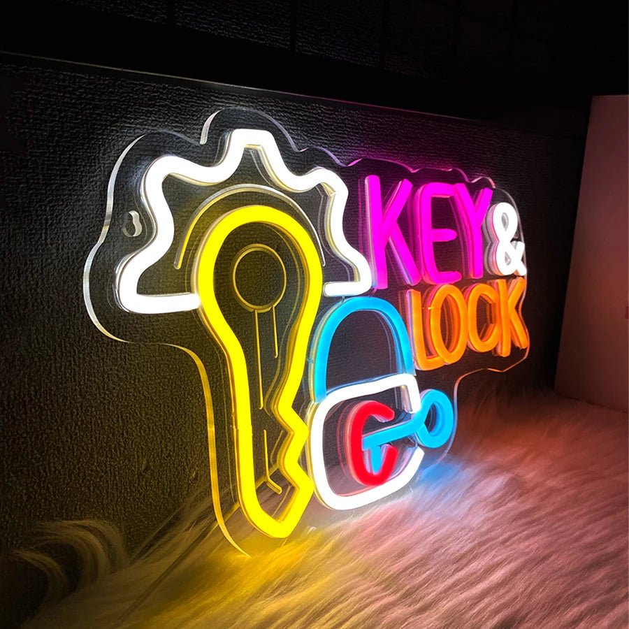 Key and Lock Neon Sign for Wall Decor,USB LED Neon Light for Business Locksmith Shop Security Store Car Dealership Rental Home