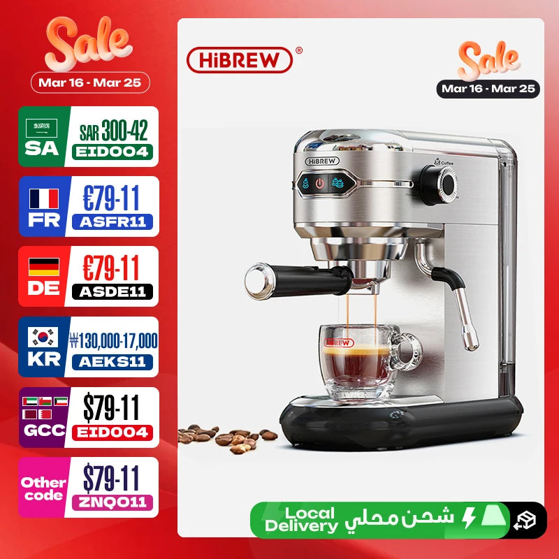 HiBREW Coffee Maker Cafetera 20 Bar Inox Semi Automatic Super Slim ESE POD& Powder Espresso Cappuccino Machine Hot Water H11