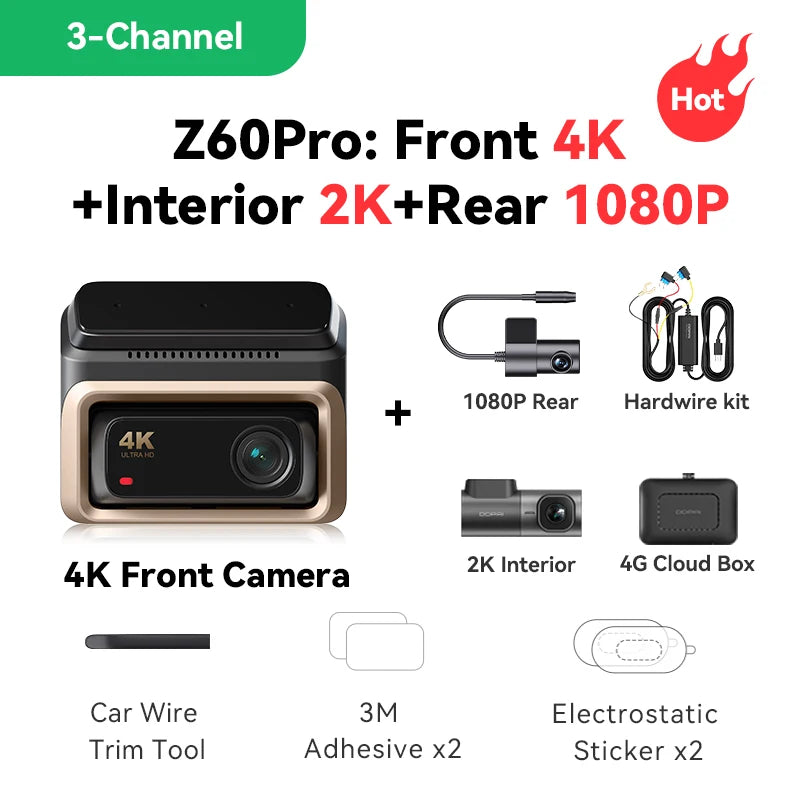 DDPAI 4K Dash Cam Z60 Pro Support Rear and Interior Car Camera SONY STARVIS2 Sensor 24h Parking 5GHz Wi-Fi ADAS GPS 4G Car DVR