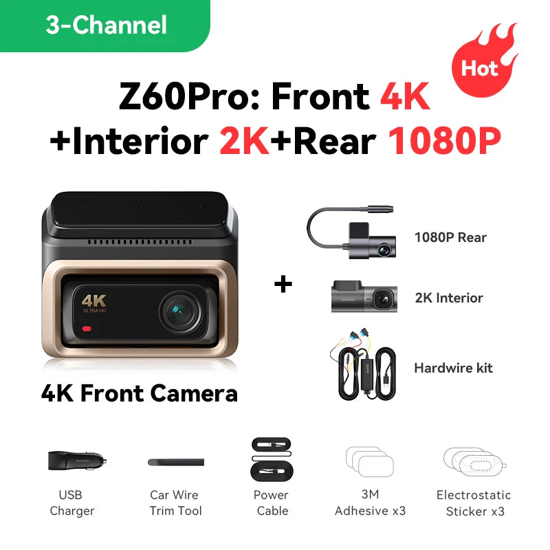 DDPAI 4K Dash Cam Z60 Pro Support Rear and Interior Car Camera SONY STARVIS2 Sensor 24h Parking 5GHz Wi-Fi ADAS GPS 4G Car DVR