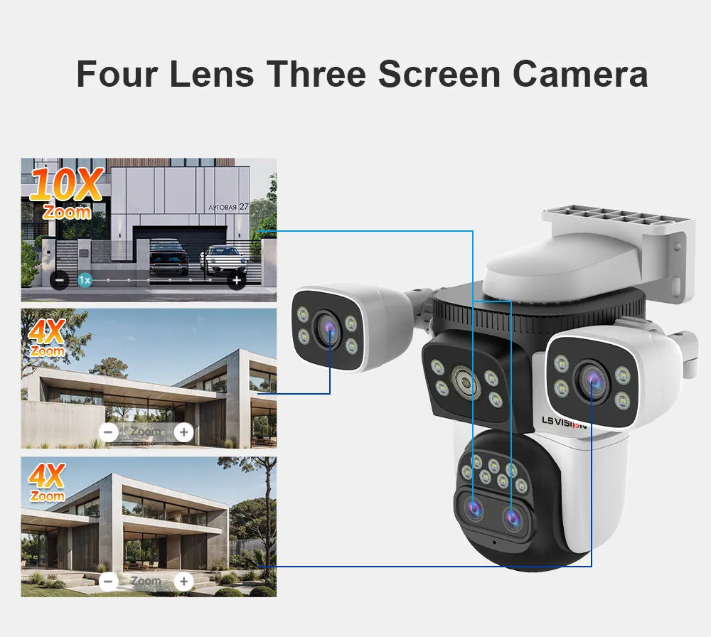LS VISION 20MP Three Screens WiFi Security Camera Outdoor 10X Optical Zoom Four Lens Human Auto Tracking Waterproof CCTV Cameras