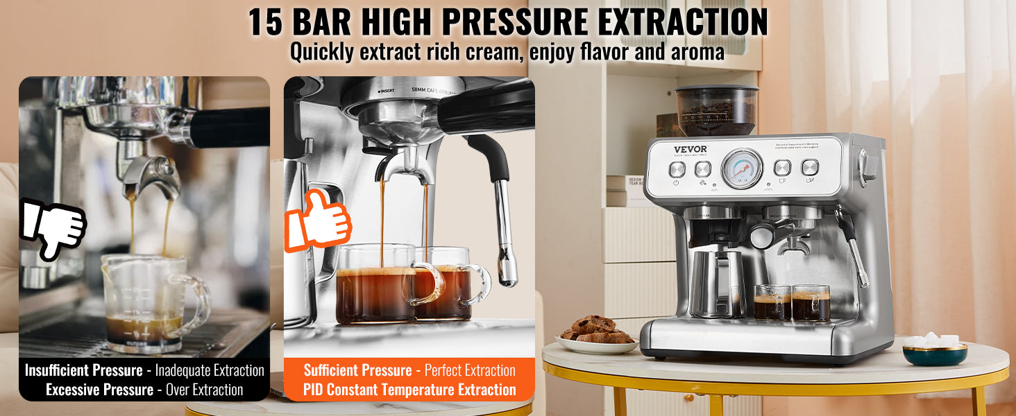 SucceBuy Espresso Machine with Grinder 15 Bar Semi-Automatic Espresso Coffee Maker with Milk Frother Steam Wand